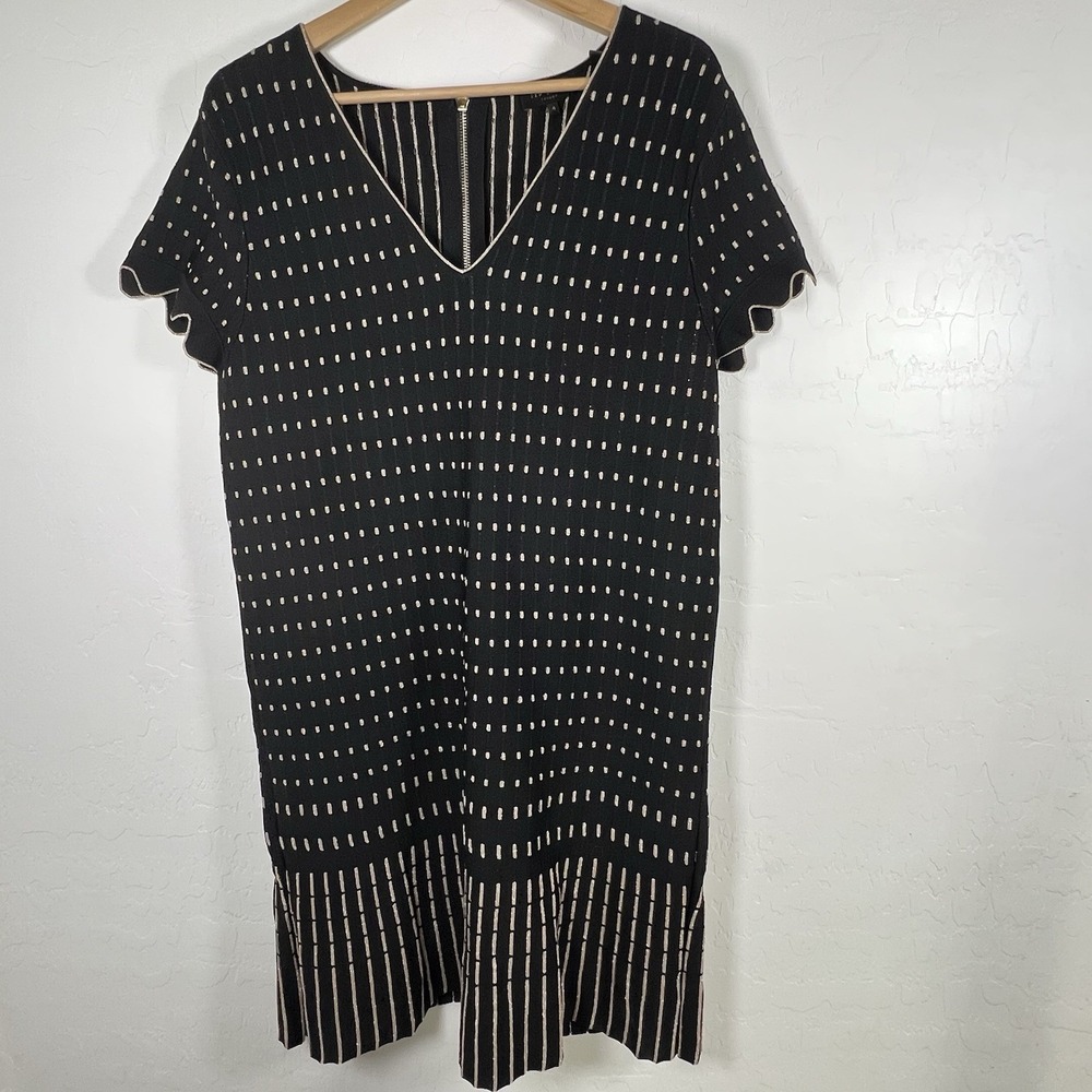 Ted Baker Maciiey Dress‎ Black Gold Stitch Knitted Stretch Pleated Hem SZ 4 Midi